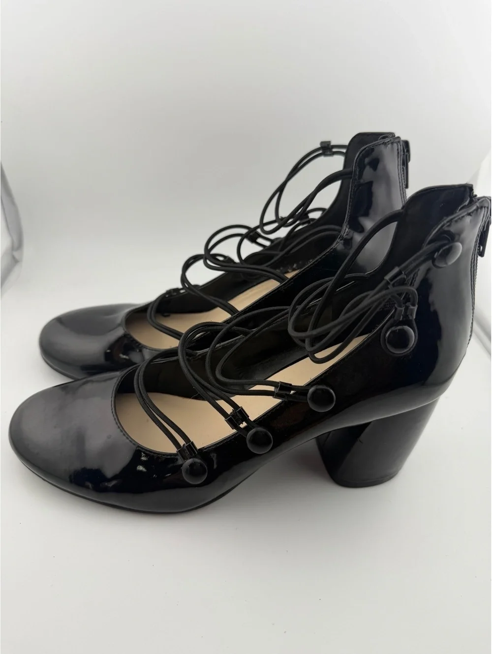 Nine West Kaede Glossy Black Lace-Up Pump Heels, Size 7